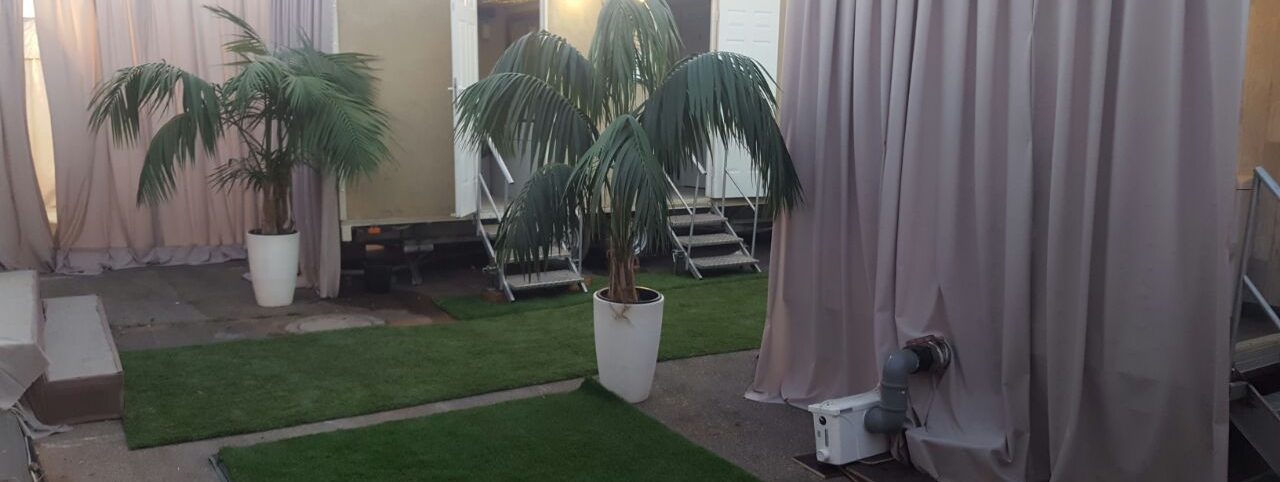 קרונות שירותים עם דשא סינתטי ועציצים